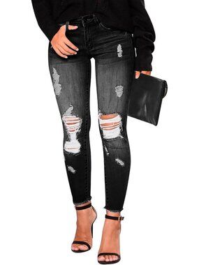 Trendy Women's Distressed Skinny Ripped Jeans | Stretchy Denim Pants